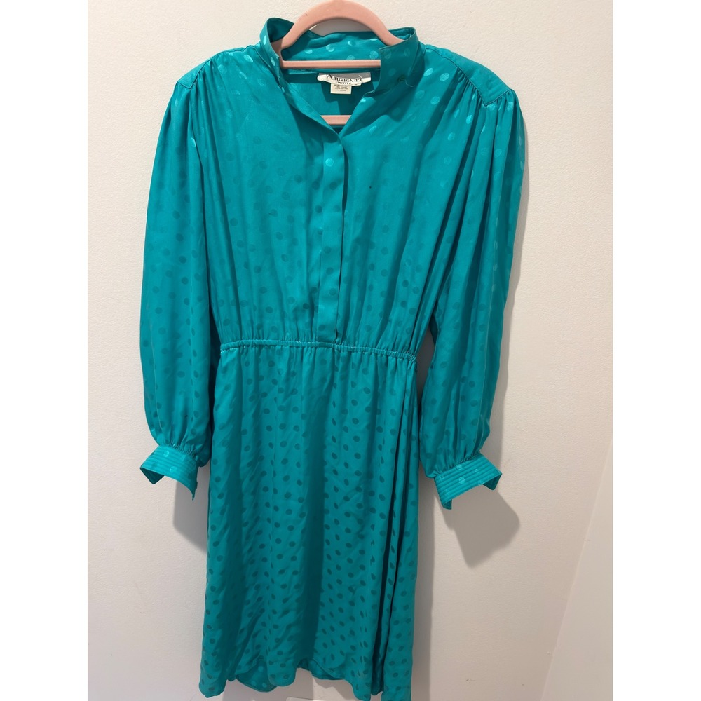 Vintage 80s Argenti Silk Polka Dot Long Sleeve Belted Midi Dress